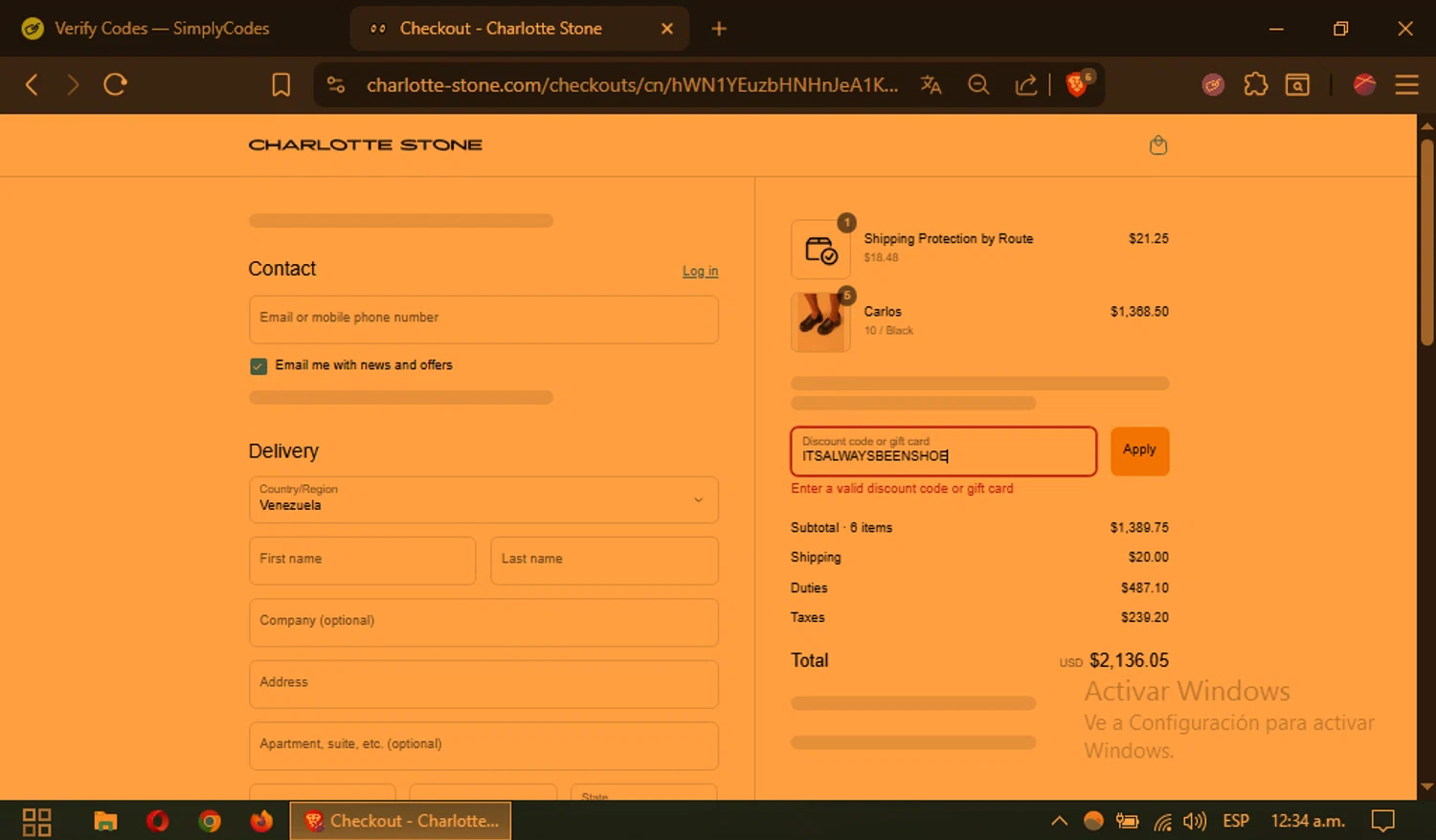 Charlotte Stone discount code screenshot showing code ITSALWAYSBEENSHOE applied at Charlotte Stone checkout page. Uploaded by SimplyCodes community member CouponSaver4196 on Aug 8, 2025