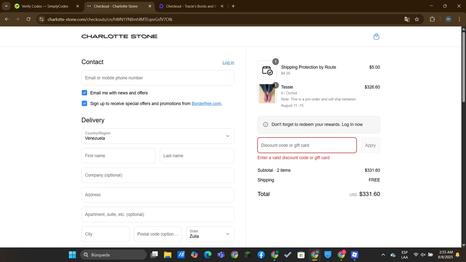 Charlotte Stone discount code screenshot showing code ITSALWAYSBEENSHOE applied at Charlotte Stone checkout page. Uploaded by SimplyCodes community member DTBERA2024 on Aug 8, 2025