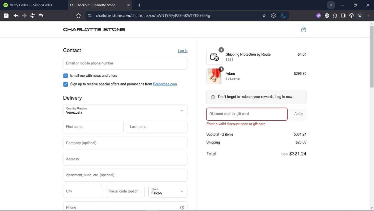 Charlotte Stone discount code screenshot showing code ITSALWAYSBEENSHOE applied at Charlotte Stone checkout page. Uploaded by SimplyCodes community member User_Randon1 on Aug 8, 2025