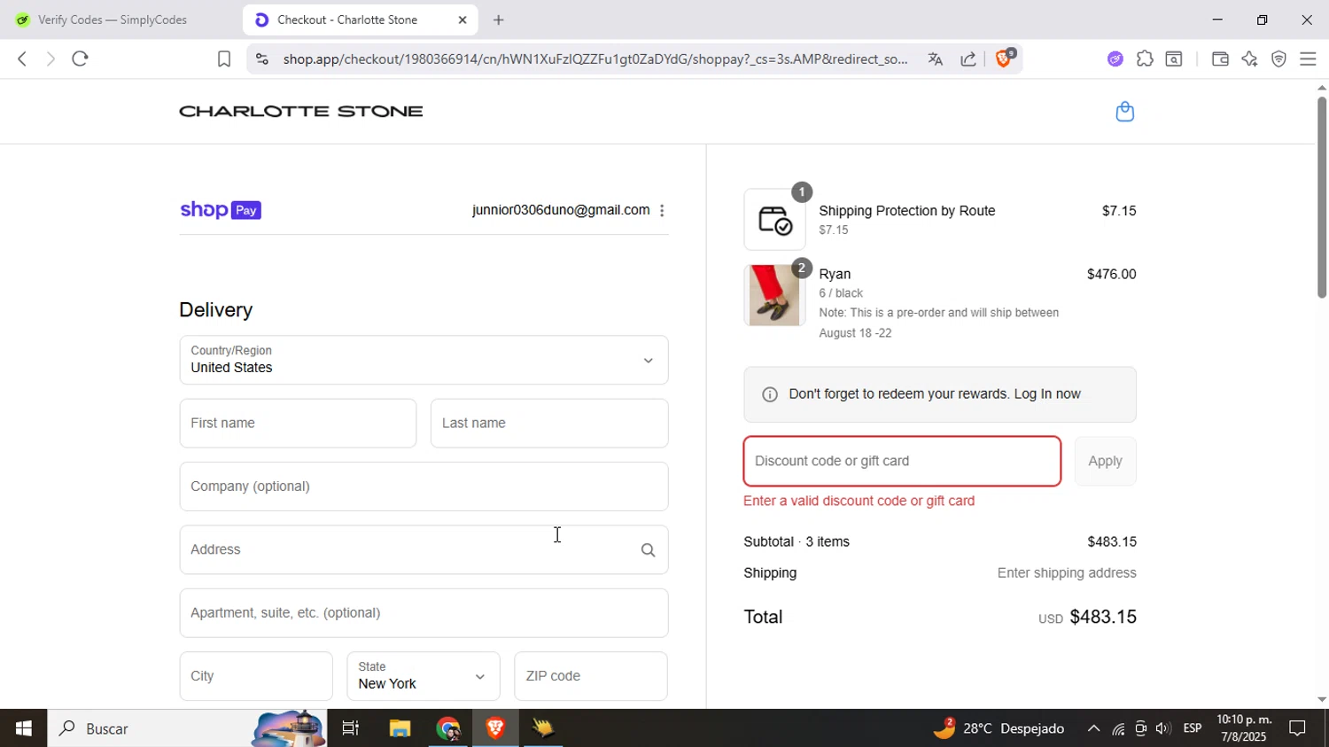 Charlotte Stone discount code screenshot showing code TYFORBEINGHERE applied at Charlotte Stone checkout page. Uploaded by SimplyCodes community member Mujerdejunnior on Aug 8, 2025