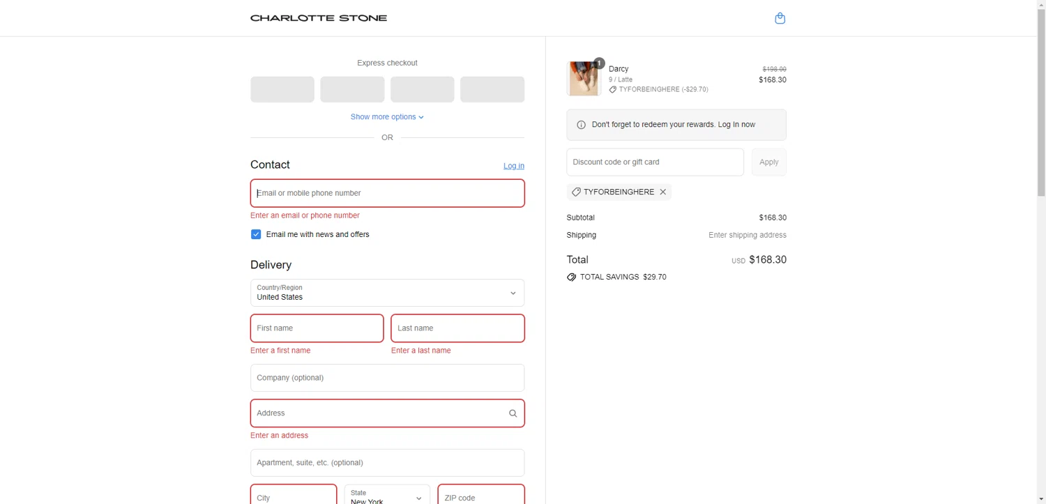 Charlotte Stone discount code screenshot showing code TYFORBEINGHERE applied at Charlotte Stone checkout page. Uploaded by SimplyCodes community member ValiantAce1810 on Jul 13, 2025