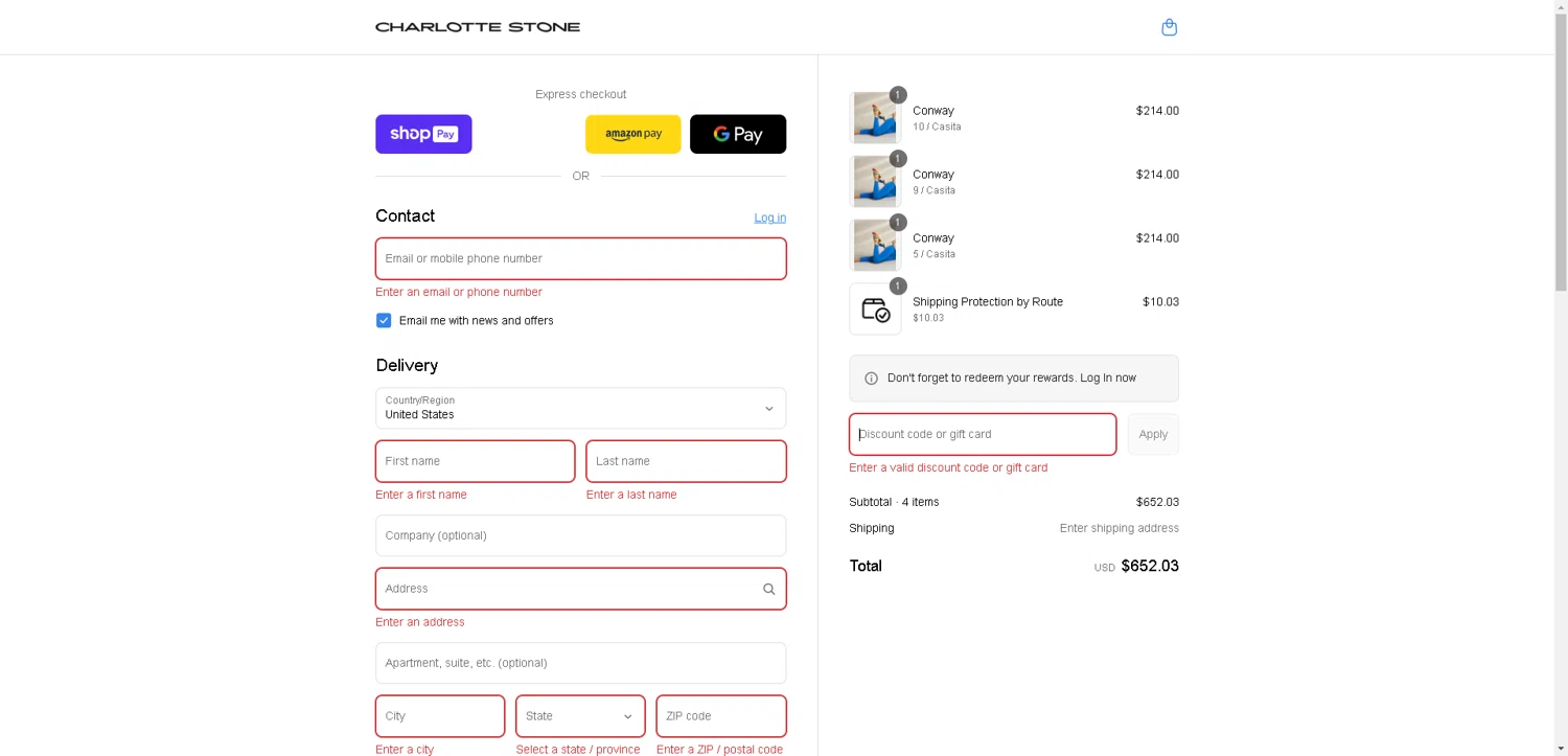 Charlotte Stone discount code screenshot showing code NEWSHOES40 applied at Charlotte Stone checkout page. Uploaded by SimplyCodes community member SwiftLynx7415 on Aug 16, 2025