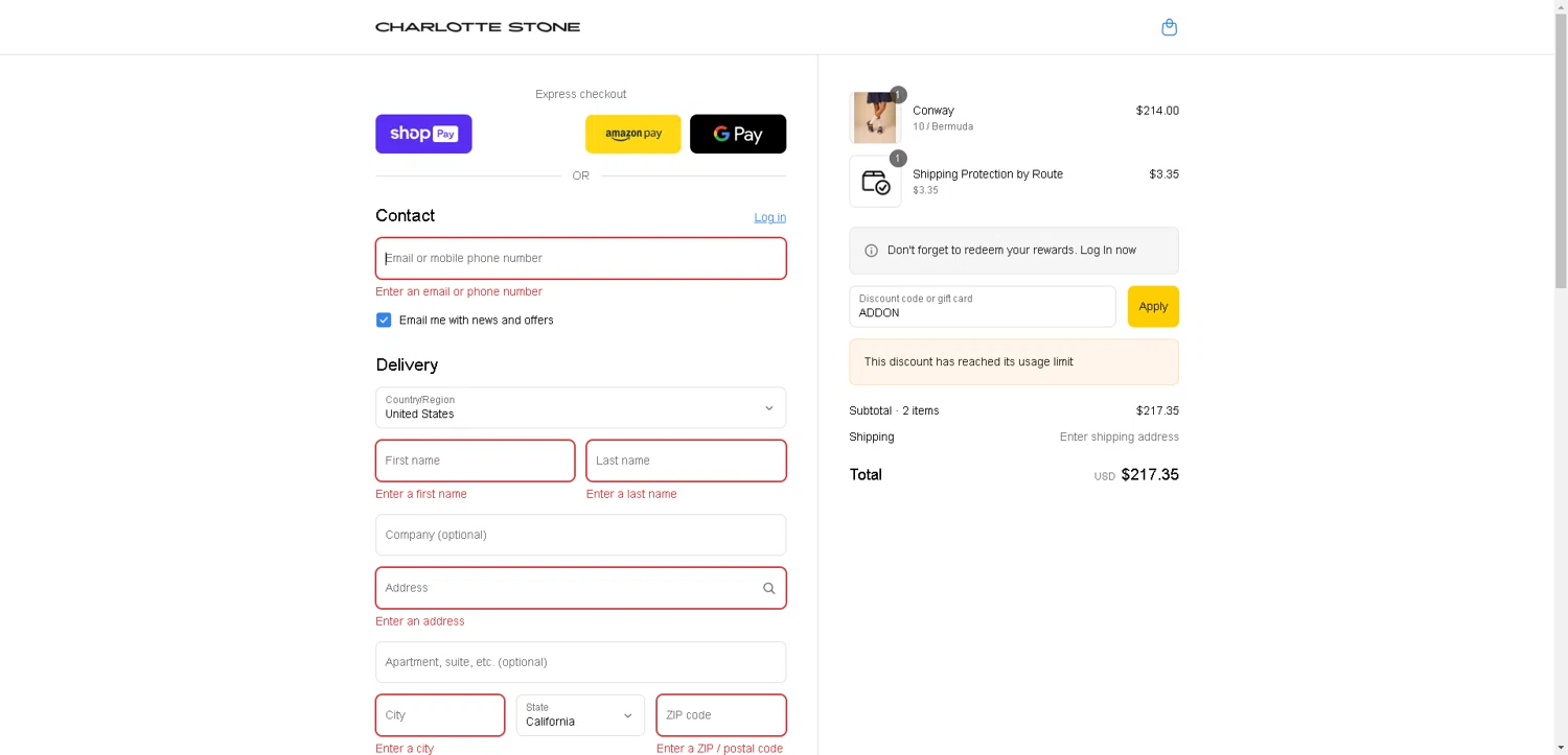 Charlotte Stone discount code screenshot showing code ADDON applied at Charlotte Stone checkout page. Uploaded by SimplyCodes community member DealHunter6996 on Aug 28, 2025