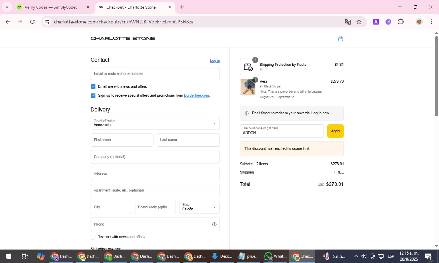 Charlotte Stone discount code screenshot showing code ADDON applied at Charlotte Stone checkout page. Uploaded by SimplyCodes community member ShieldDefender9117 on Aug 28, 2025