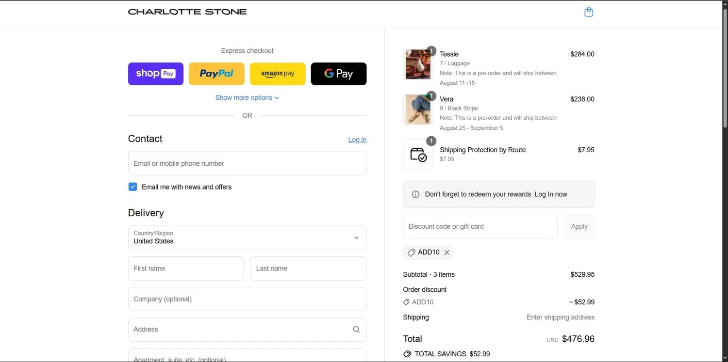 Charlotte Stone discount code screenshot showing code ADD10 applied at Charlotte Stone checkout page. Uploaded by SimplyCodes community member Depressive on Aug 27, 2025