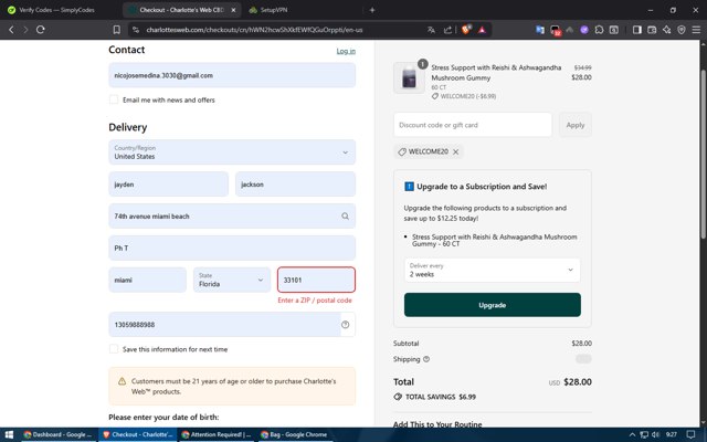 Charlotte's Web checkout page showing Charlotte's Web discount code box | Screenshot taken by SimplyCodes community member on Sep 7, 2025