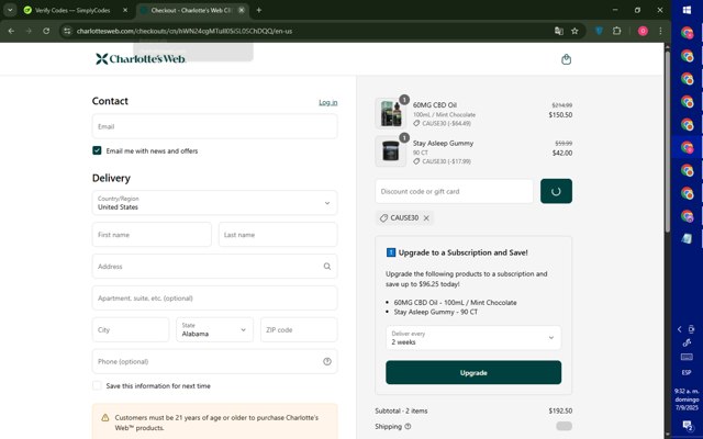 Charlotte's Web checkout page showing Charlotte's Web discount code box | Screenshot taken by SimplyCodes community member on Sep 7, 2025
