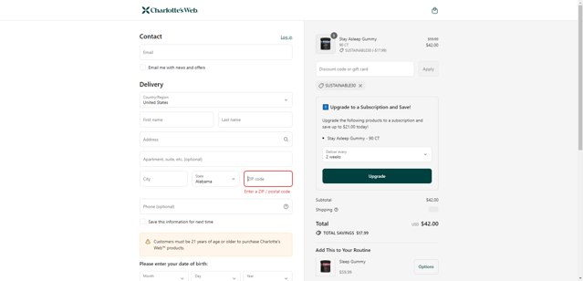 Charlotte's Web checkout page showing Charlotte's Web discount code box | Screenshot taken by SimplyCodes community member on Sep 7, 2025