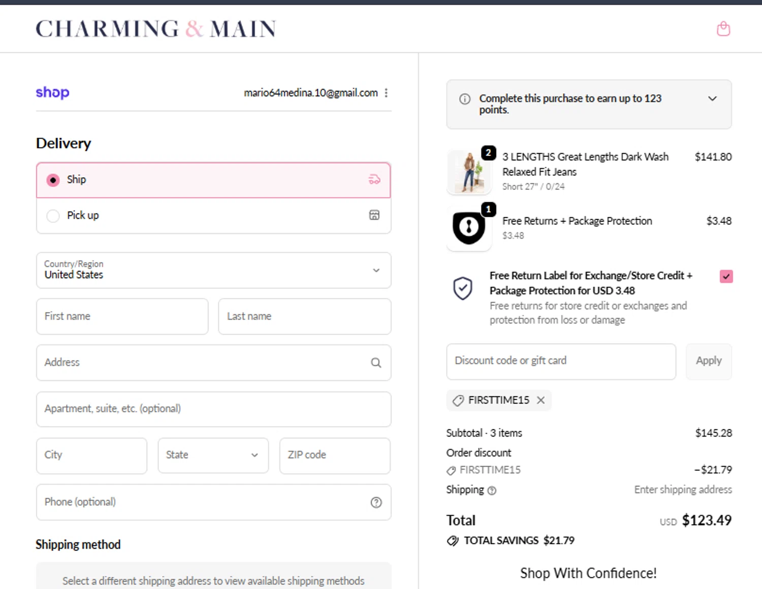 Charming & Main discount code screenshot showing code FIRSTTIME15 applied at Charming & Main checkout page. Uploaded by SimplyCodes community member paquirrin on Oct 23, 2025