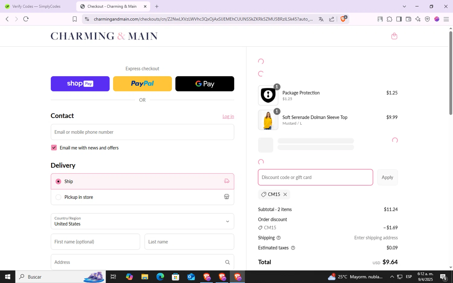 Charming & Main discount code screenshot showing code CM15 applied at Charming & Main checkout page. Uploaded by SimplyCodes community member VoucherSpotter6910 on Apr 9, 2025