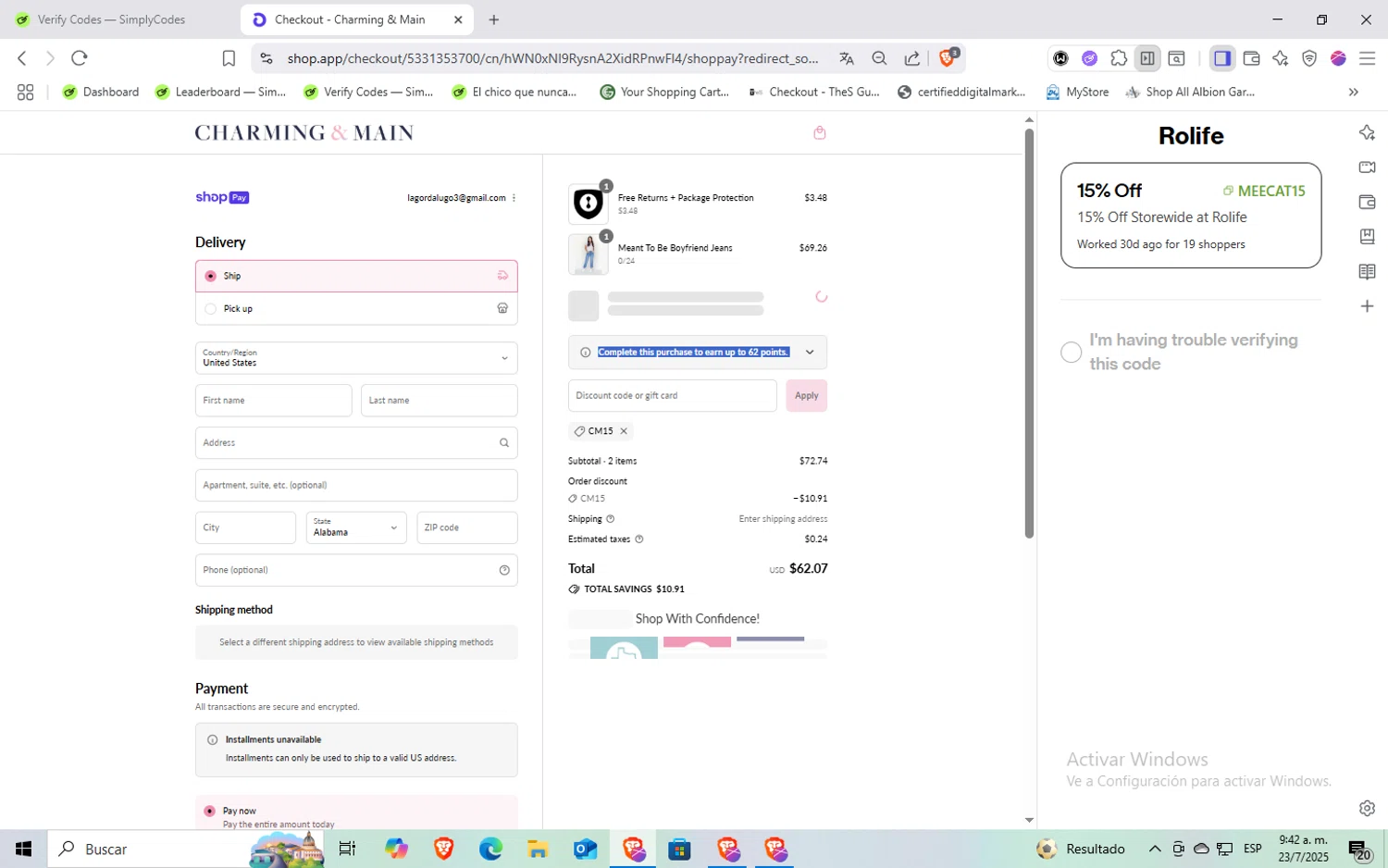 Charming & Main discount code screenshot showing code CM15 applied at Charming & Main checkout page. Uploaded by SimplyCodes community member Rayyyyyy on Jul 23, 2025