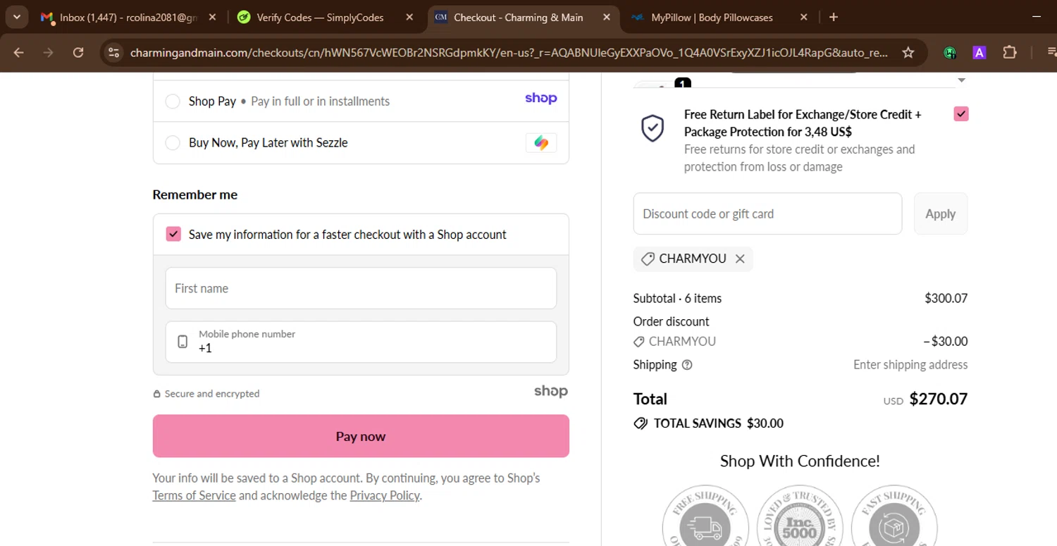 Charming & Main discount code screenshot showing code CHARMYOU applied at Charming & Main checkout page. Uploaded by SimplyCodes community member SnoopDogg on Nov 9, 2025