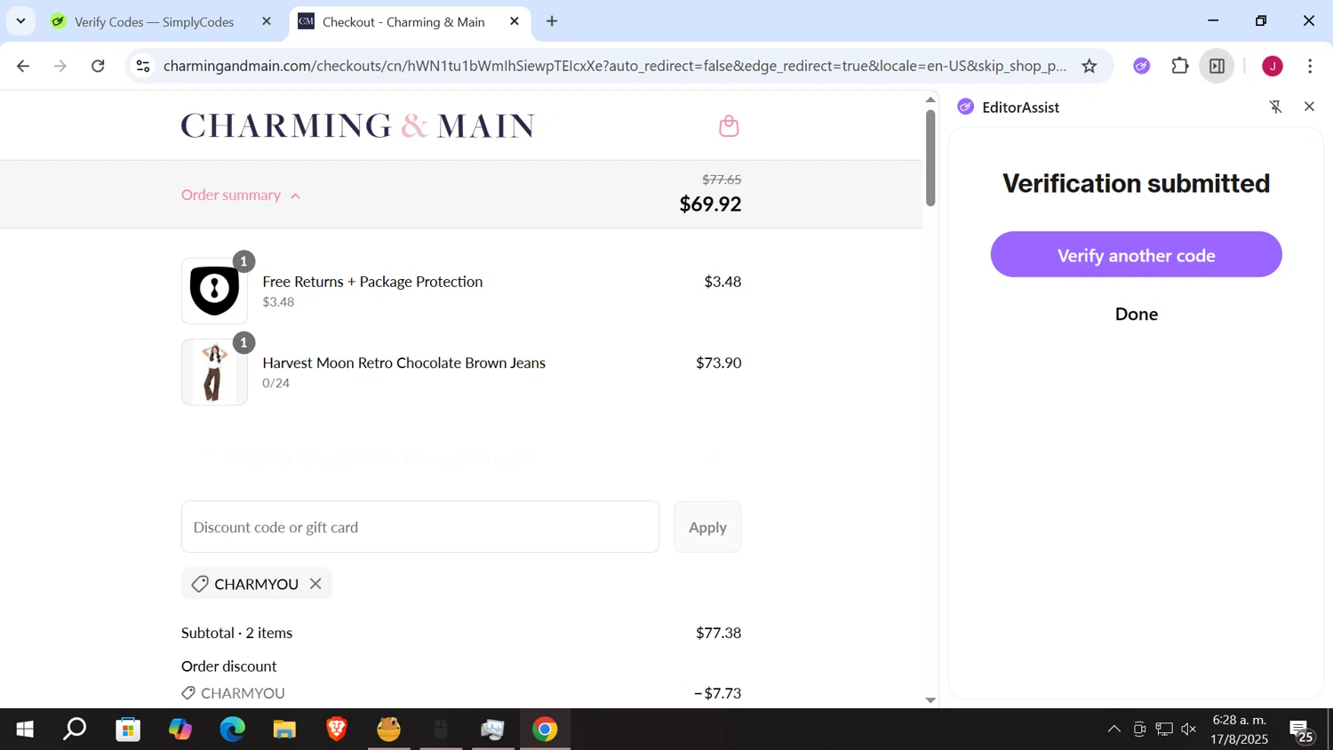 Charming & Main discount code screenshot showing code CHARMYOU applied at Charming & Main checkout page. Uploaded by SimplyCodes community member vergil_lains on Aug 17, 2025