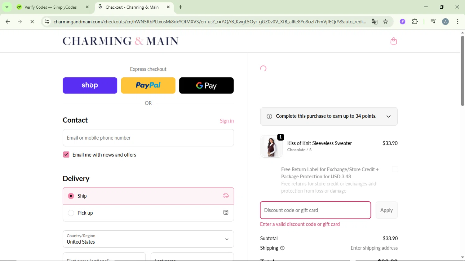 Charming & Main discount code screenshot showing code SAVEBIG applied at Charming & Main checkout page. Uploaded by SimplyCodes community member DiscountVirtuoso6243 on Nov 18, 2025