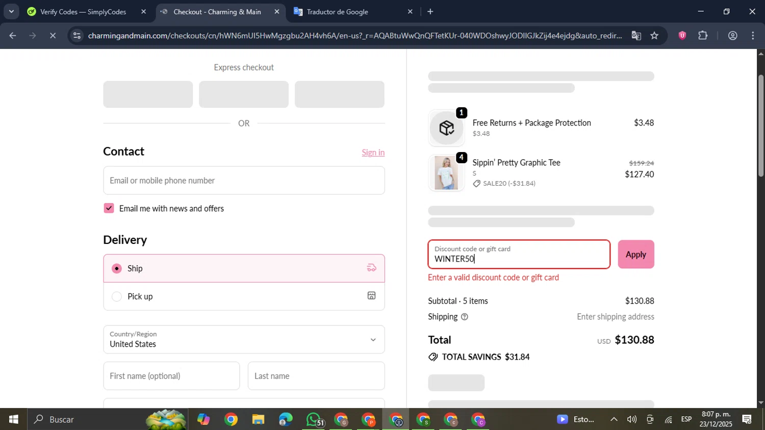 Charming & Main discount code screenshot showing code WINTER50 applied at Charming & Main checkout page. Uploaded by SimplyCodes community member GloriousDefender7889 on Dec 24, 2025