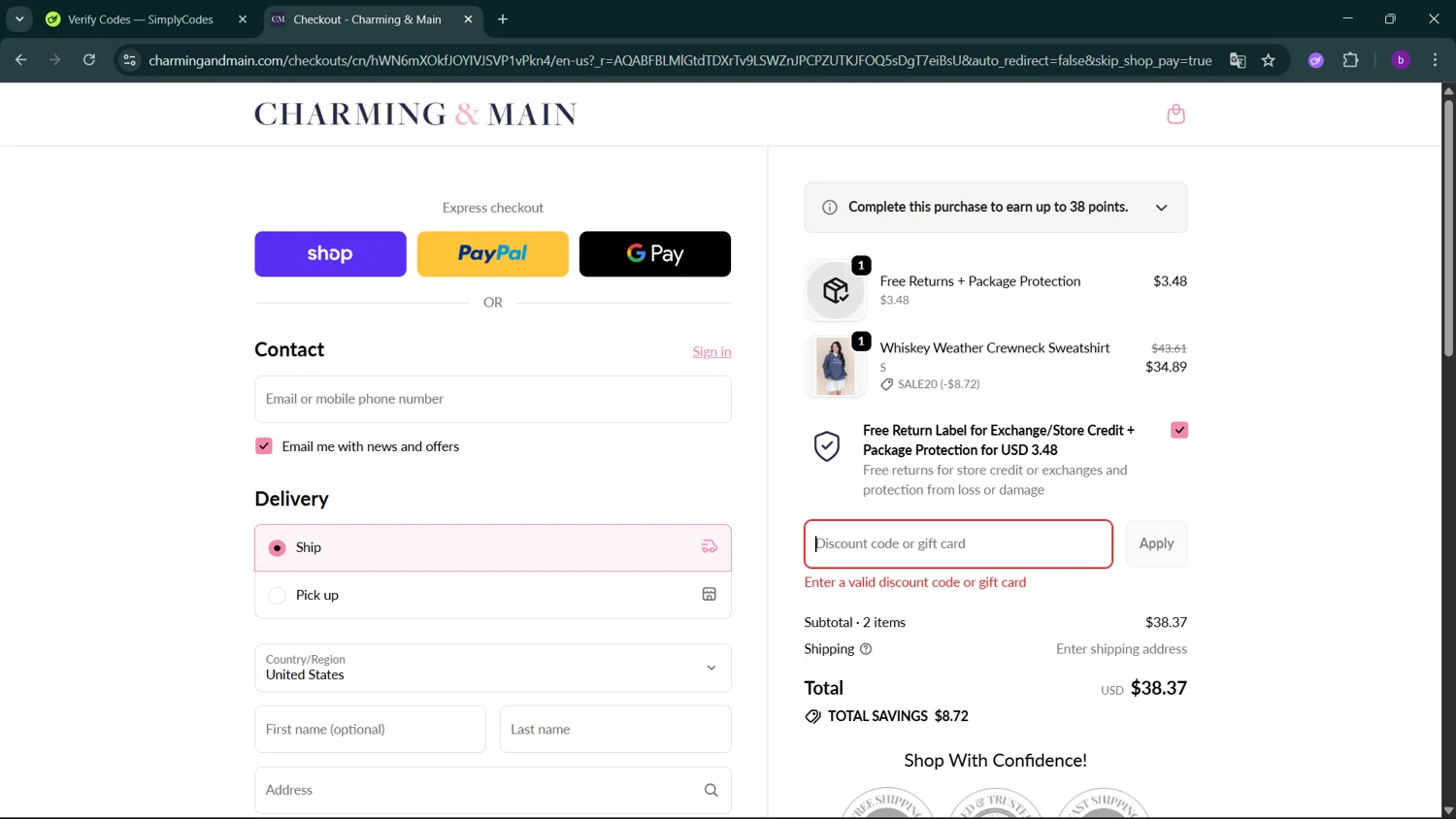 Charming & Main discount code screenshot showing code WINTER50 applied at Charming & Main checkout page. Uploaded by SimplyCodes community member RoyalSleuth2430 on Dec 24, 2025