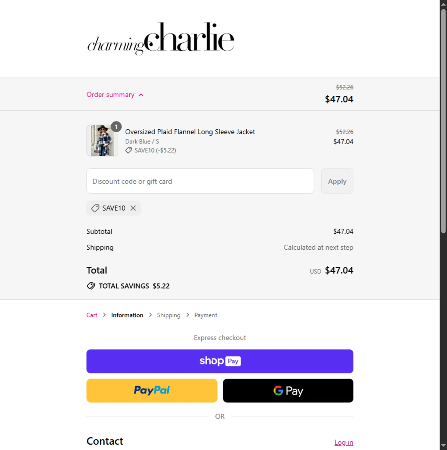 Charming Charlie promo code screenshot showing code SAVE10 applied at Charming Charlie checkout page. Uploaded by SimplyCodes community member Alejandra10 on Aug 5, 2025