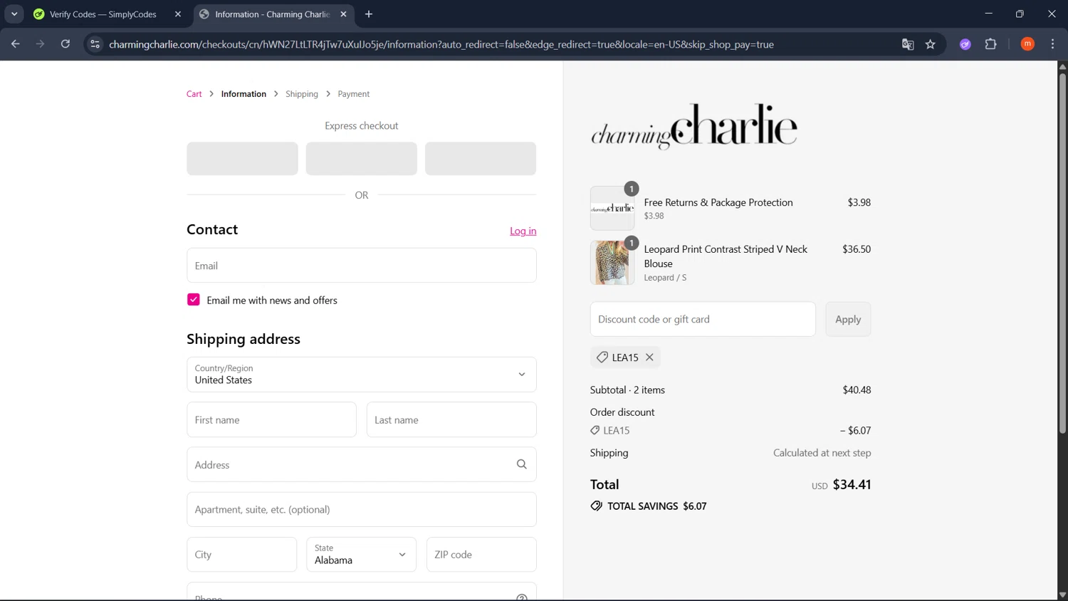 Charming Charlie promo code screenshot showing code LEA15 applied at Charming Charlie checkout page. Uploaded by SimplyCodes community member PromoMonarch895 on Aug 23, 2025