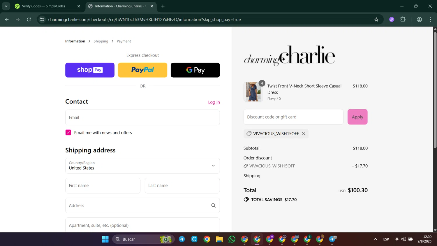 Charming Charlie promo code screenshot showing code VIVACIOUS_WISH15OFF applied at Charming Charlie checkout page. Uploaded by SimplyCodes community member LuckyElite8069 on Aug 9, 2025