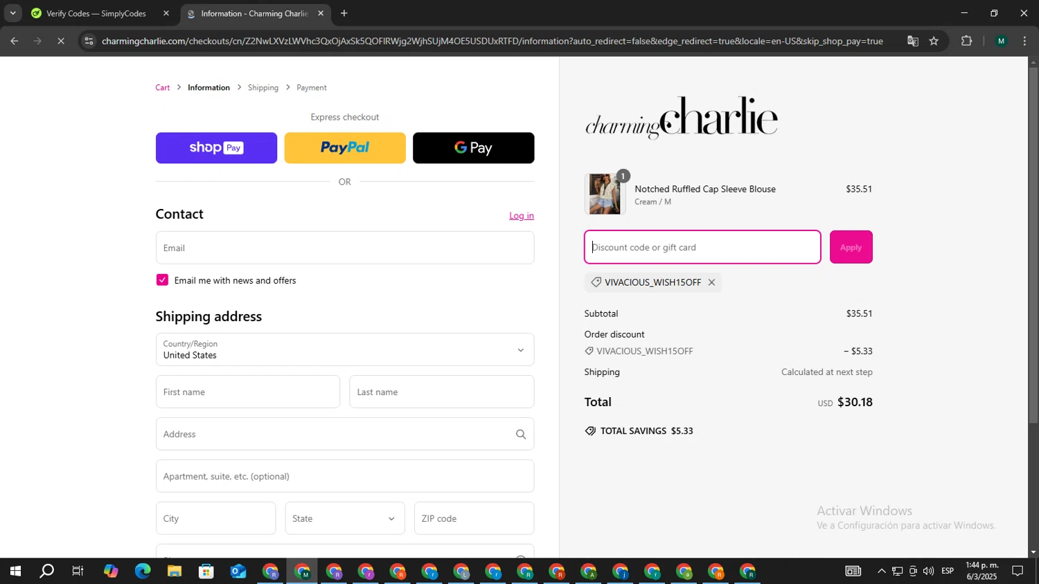Charming Charlie promo code screenshot showing code VIVACIOUS_WISH15OFF applied at Charming Charlie checkout page. Uploaded by SimplyCodes community member MDLECHUZA on Mar 6, 2025