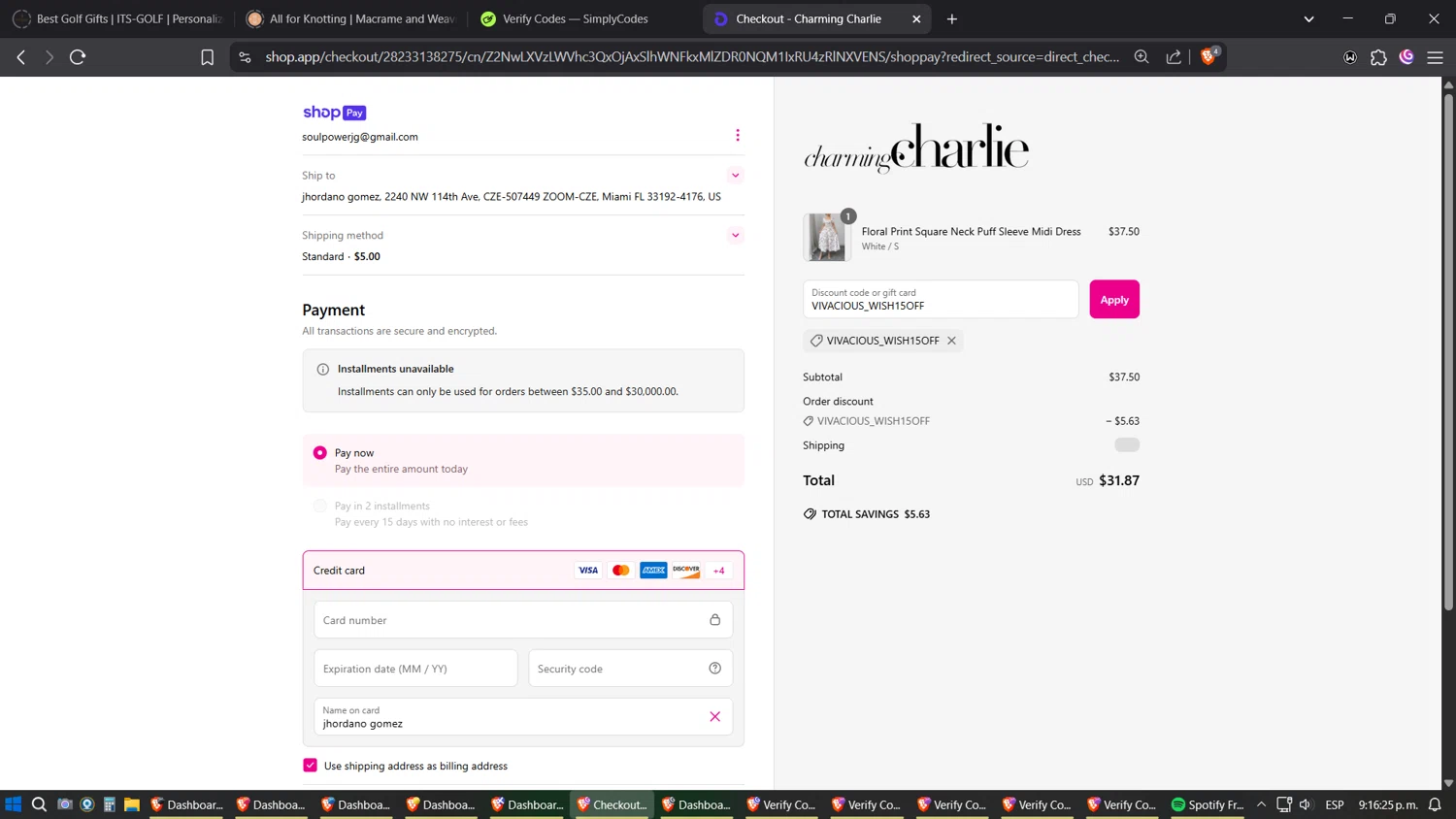 Charming Charlie promo code screenshot showing code VIVACIOUS_WISH15OFF applied at Charming Charlie checkout page. Uploaded by SimplyCodes community member Phoenix on Jun 16, 2025