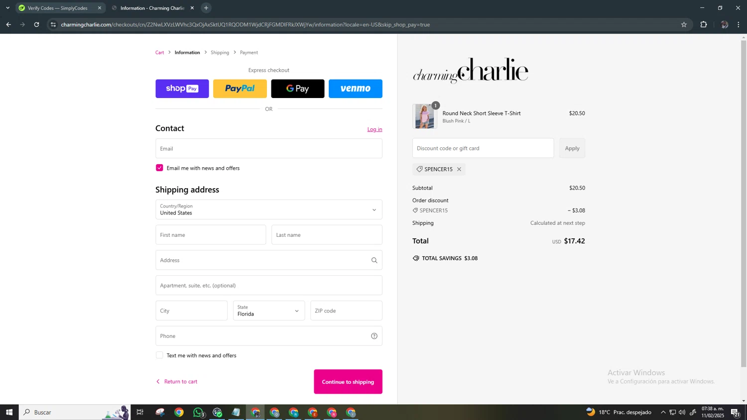 Charming Charlie promo code screenshot showing code SPENCER15 applied at Charming Charlie checkout page. Uploaded by SimplyCodes community member Chamber on Feb 11, 2025