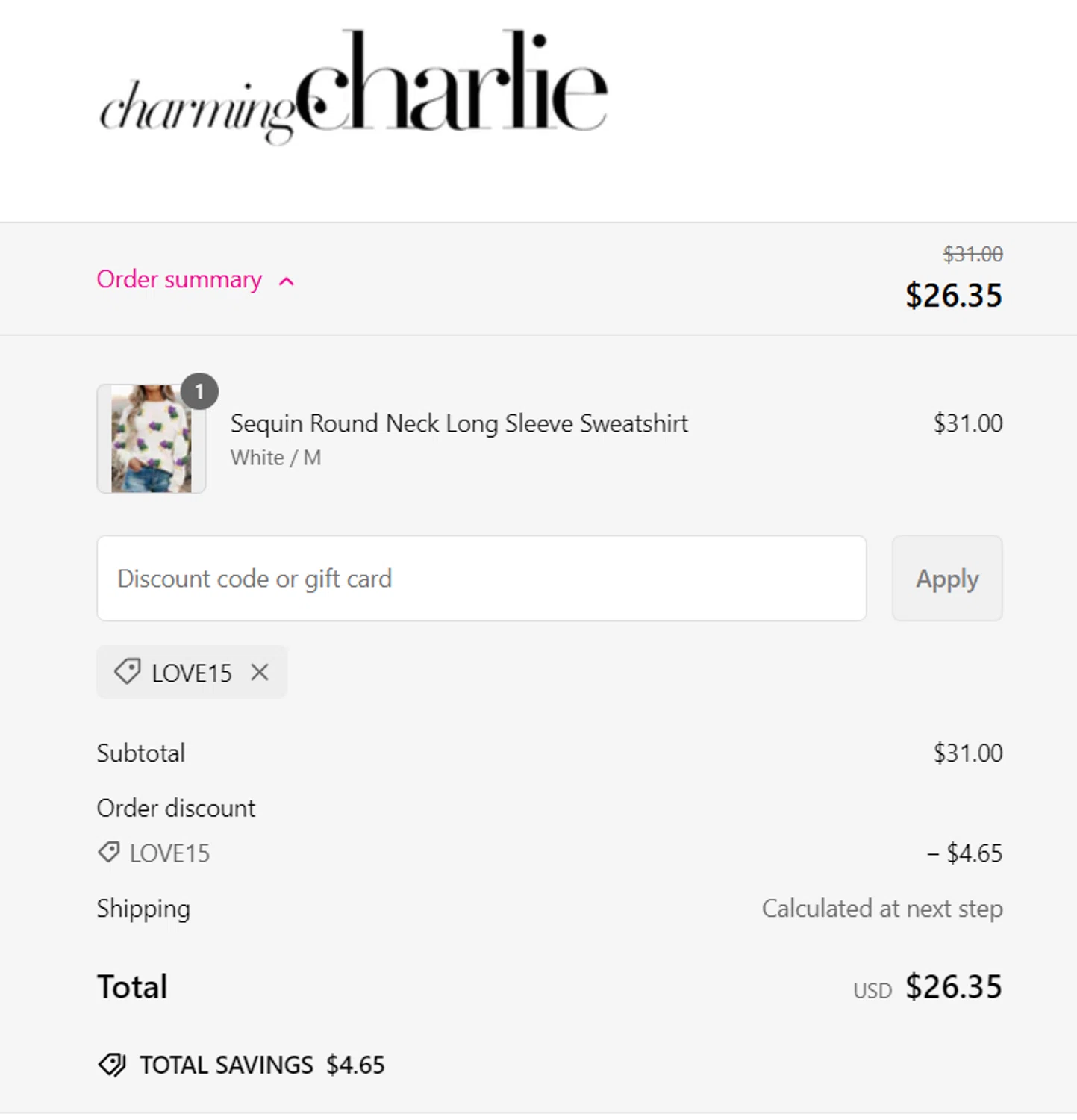 Charming Charlie promo code screenshot showing code LOVE15 applied at Charming Charlie checkout page. Uploaded by SimplyCodes community member Coolemorestt on Feb 11, 2025