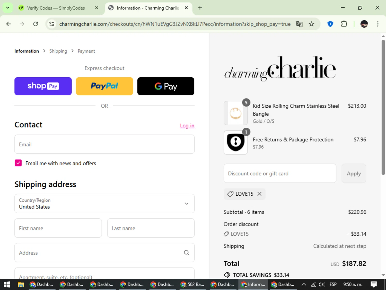 Charming Charlie promo code screenshot showing code LOVE15 applied at Charming Charlie checkout page. Uploaded by SimplyCodes community member WonderCurator791 on Aug 17, 2025