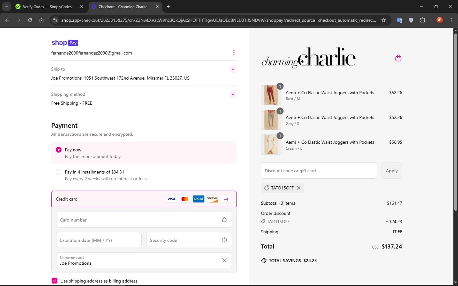 Charming Charlie promo code screenshot showing code tato15off applied at Charming Charlie checkout page. Uploaded by SimplyCodes community member VoucherShopper1452 on Mar 31, 2025