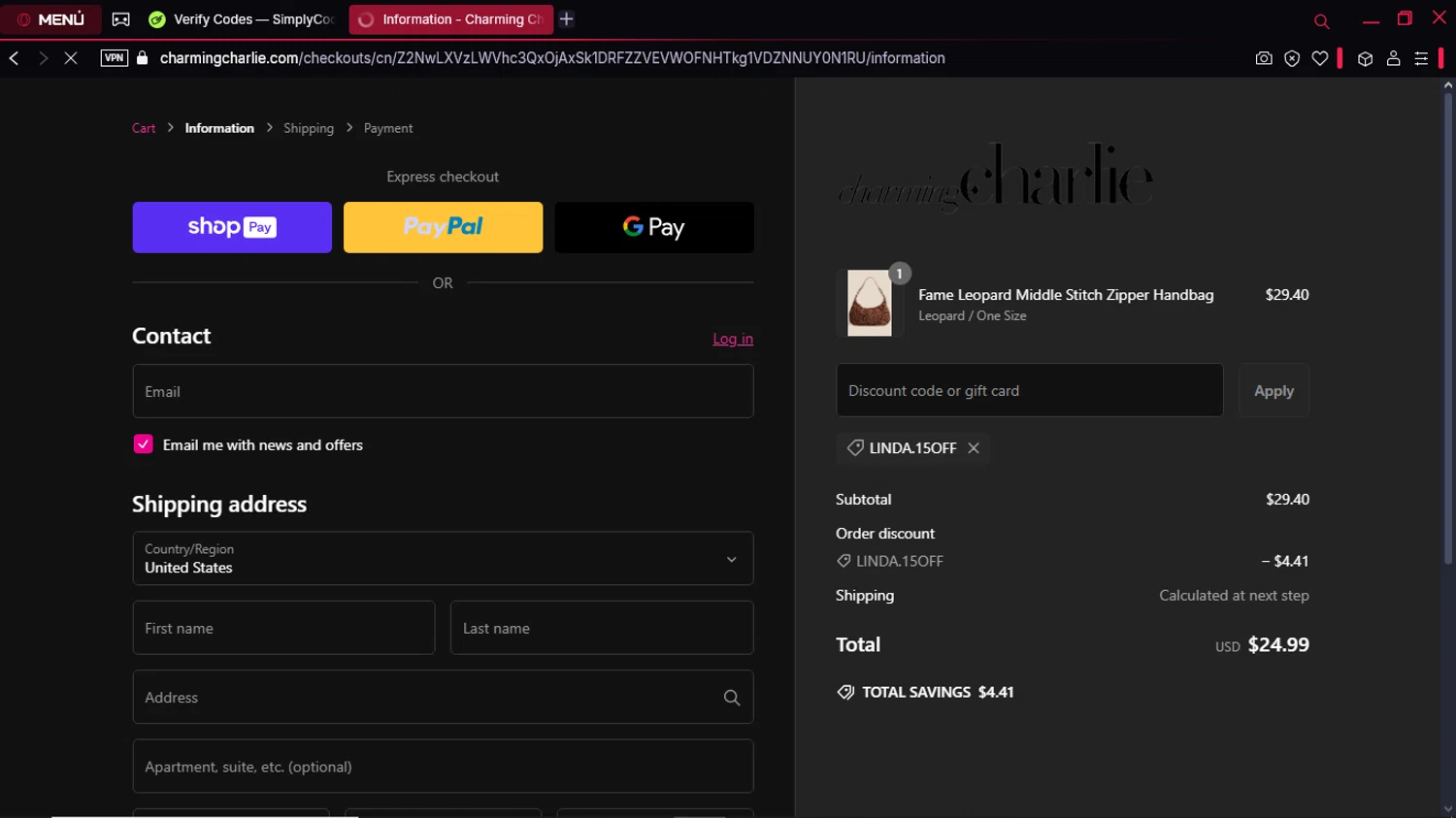 Charming Charlie promo code screenshot showing code Linda.15off applied at Charming Charlie checkout page. Uploaded by SimplyCodes community member Gabrielpato on Feb 18, 2025