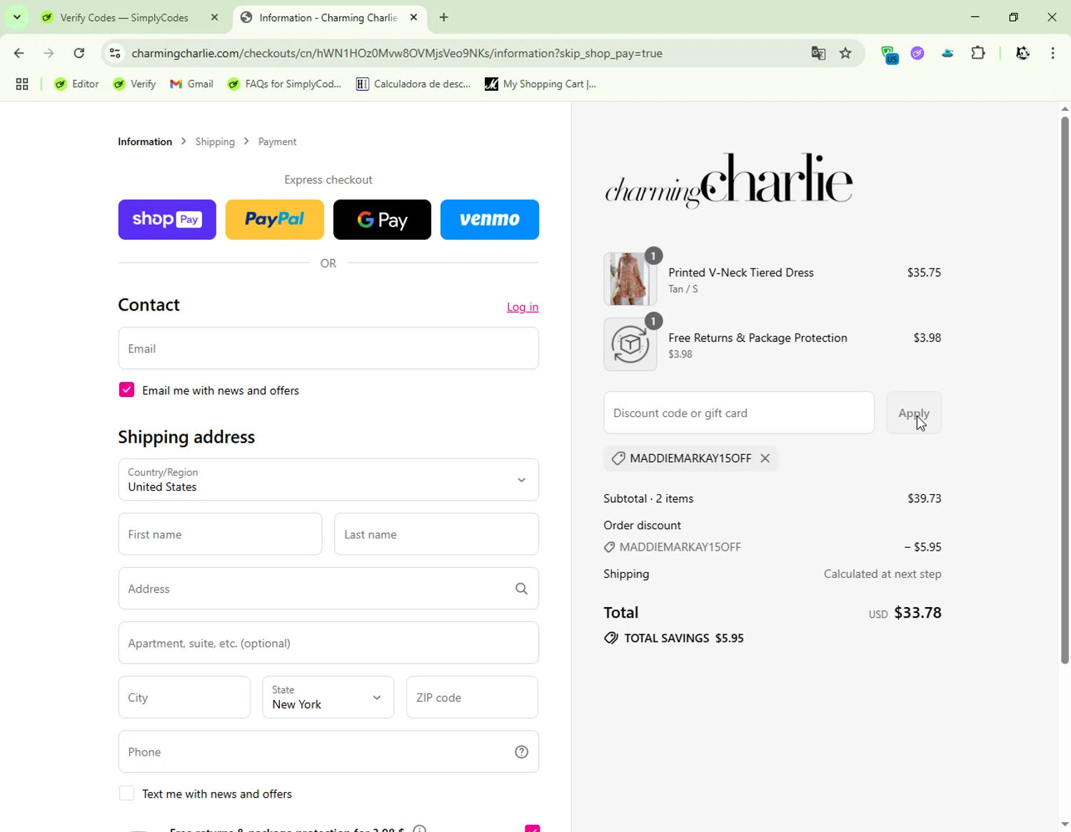 Charming Charlie promo code screenshot showing code MADDIEMARKAY15OFF applied at Charming Charlie checkout page. Uploaded by SimplyCodes community member FelixelGato on Aug 1, 2025