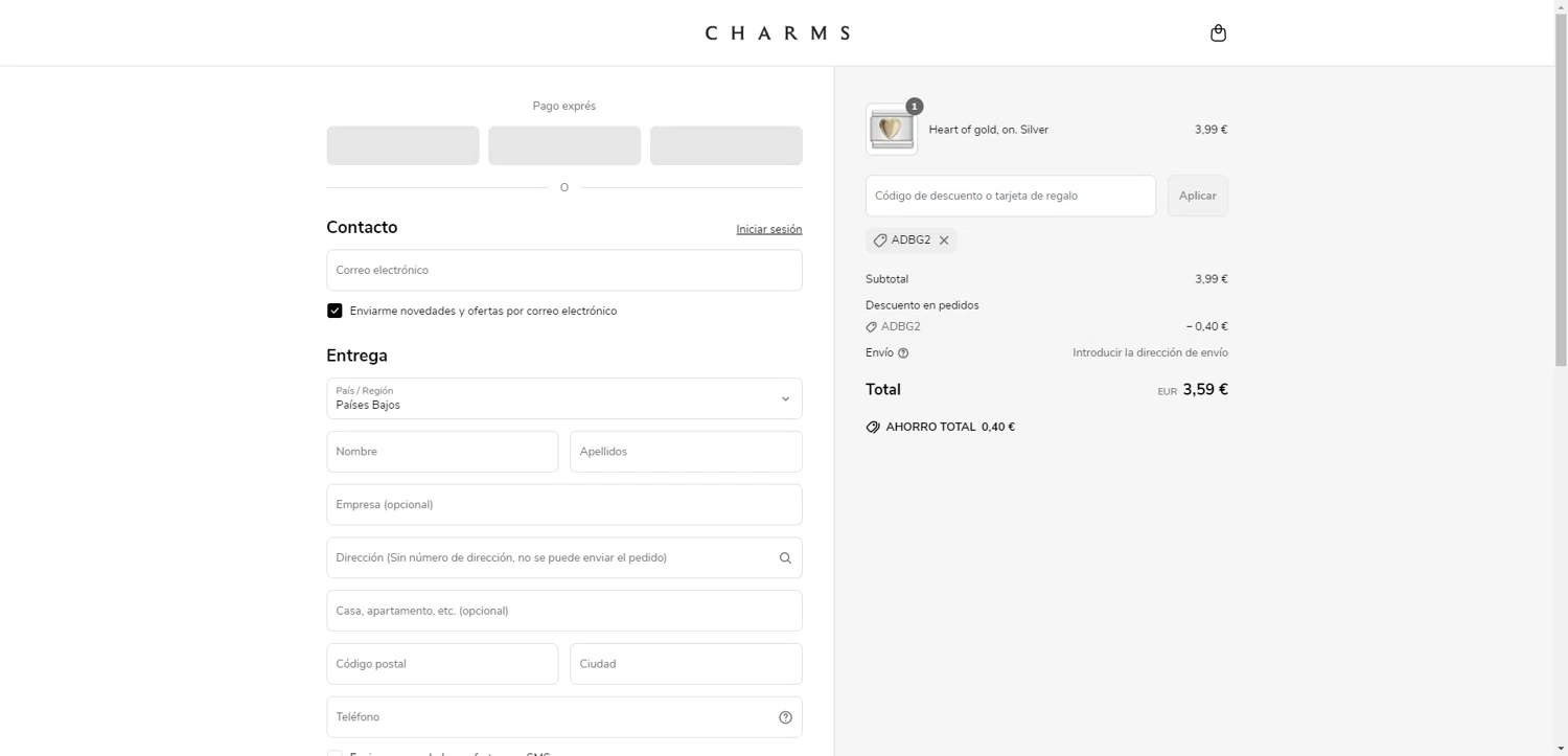Charms discount code screenshot showing code ADBG2 applied at Charms checkout page. Uploaded by SimplyCodes community member DiscountWarden480 on Jun 22, 2025