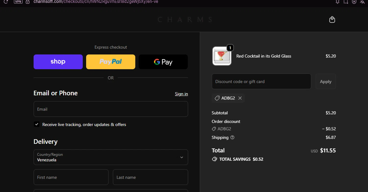 Charms discount code screenshot showing code ADBG2 applied at Charms checkout page. Uploaded by SimplyCodes community member chepipi on Oct 15, 2025