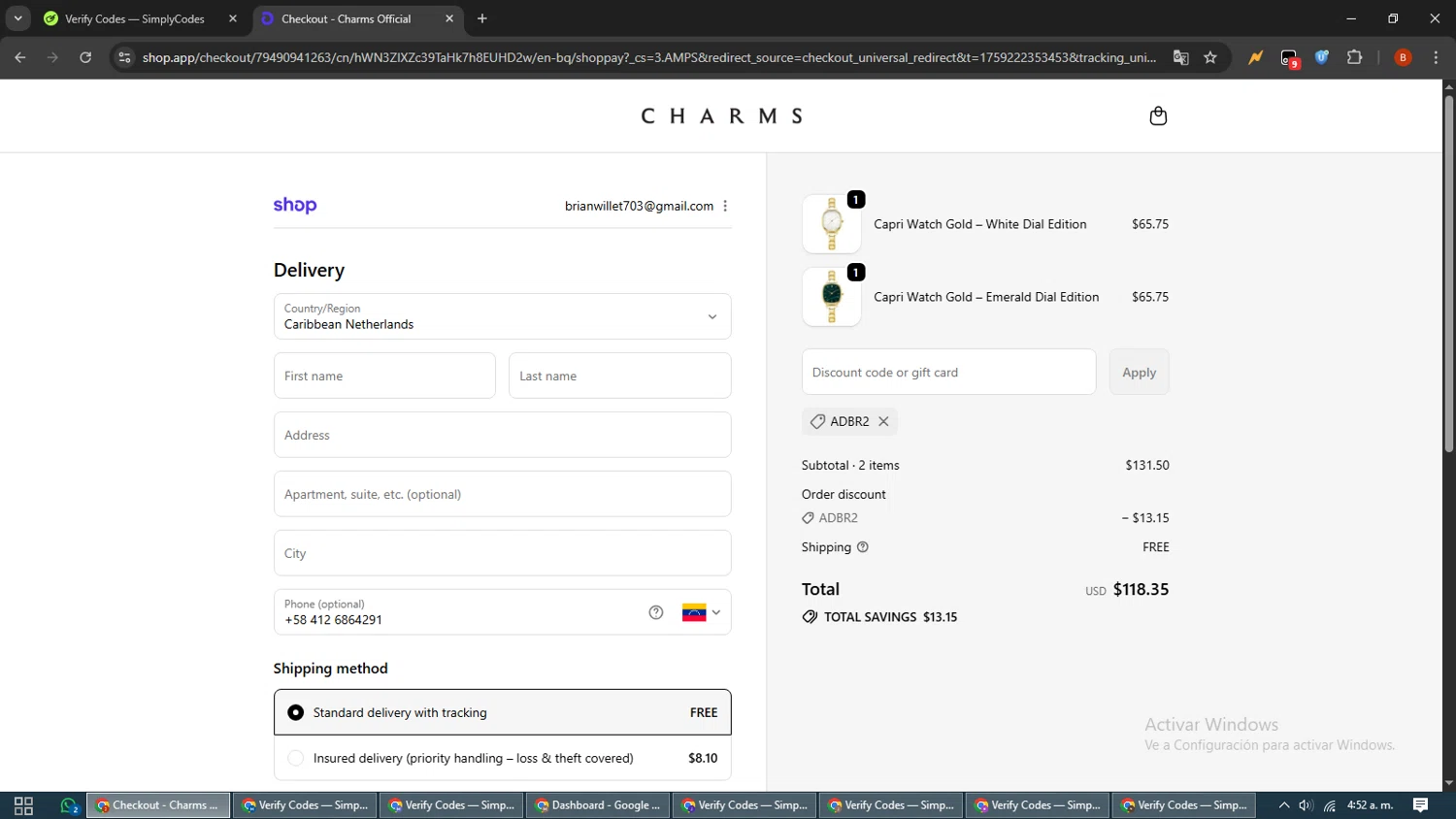 Charms discount code screenshot showing code ADBR2 applied at Charms checkout page. Uploaded by SimplyCodes community member BrilliantLynx7174 on Sep 30, 2025