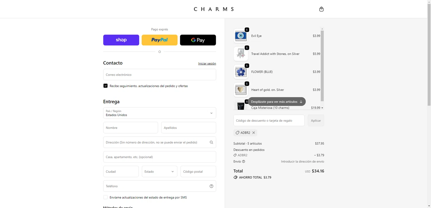 Charms discount code screenshot showing code ADBR2 applied at Charms checkout page. Uploaded by SimplyCodes community member TreasureKnight4134 on Nov 10, 2025