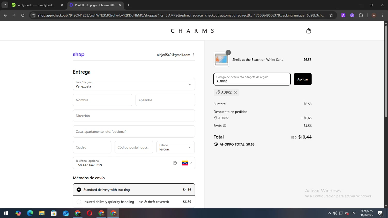 Charms discount code screenshot showing code ADBR2 applied at Charms checkout page. Uploaded by SimplyCodes community member elbicho22 on Aug 31, 2025