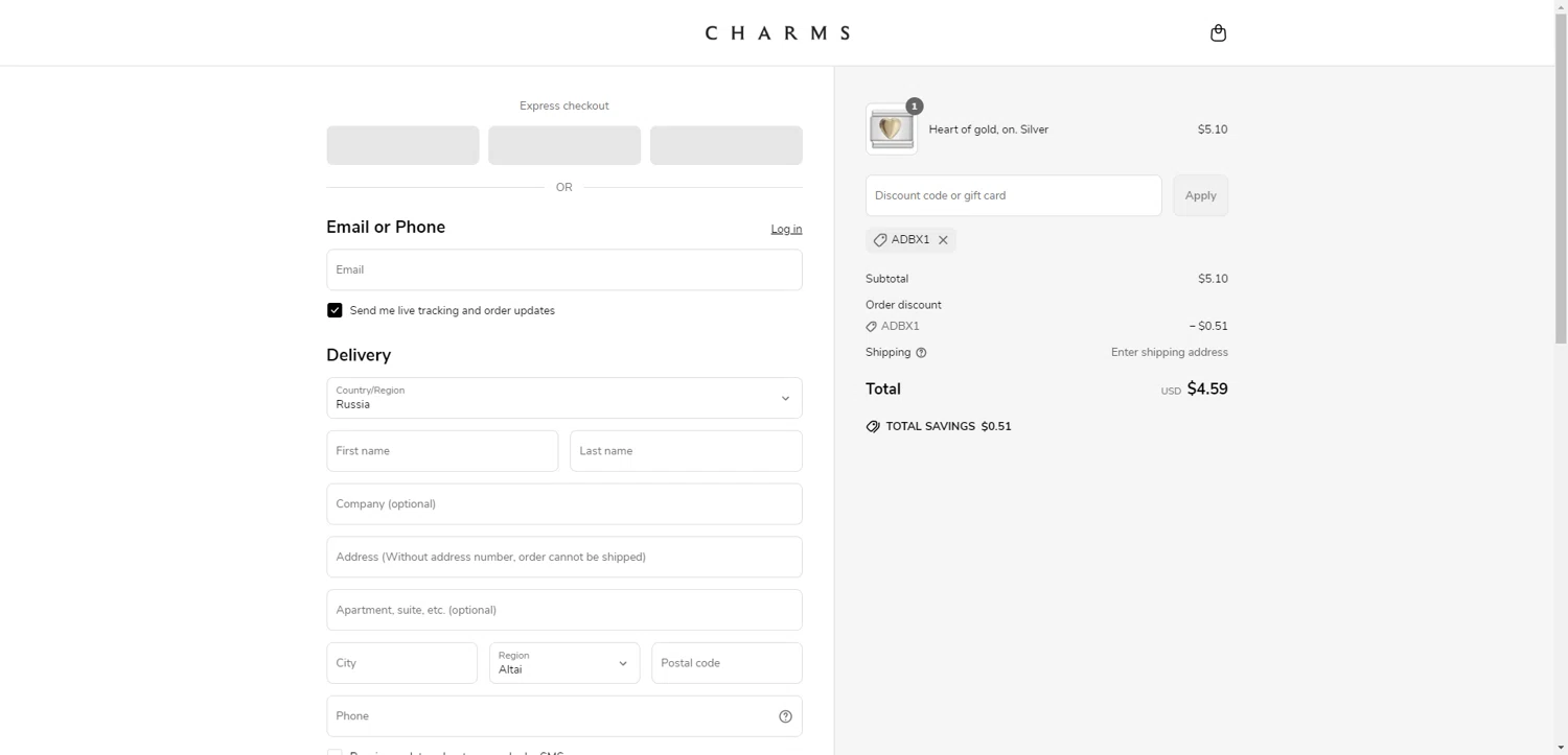 Charms discount code screenshot showing code ADBX1 applied at Charms checkout page. Uploaded by SimplyCodes community member DiscountWarden480 on May 13, 2025