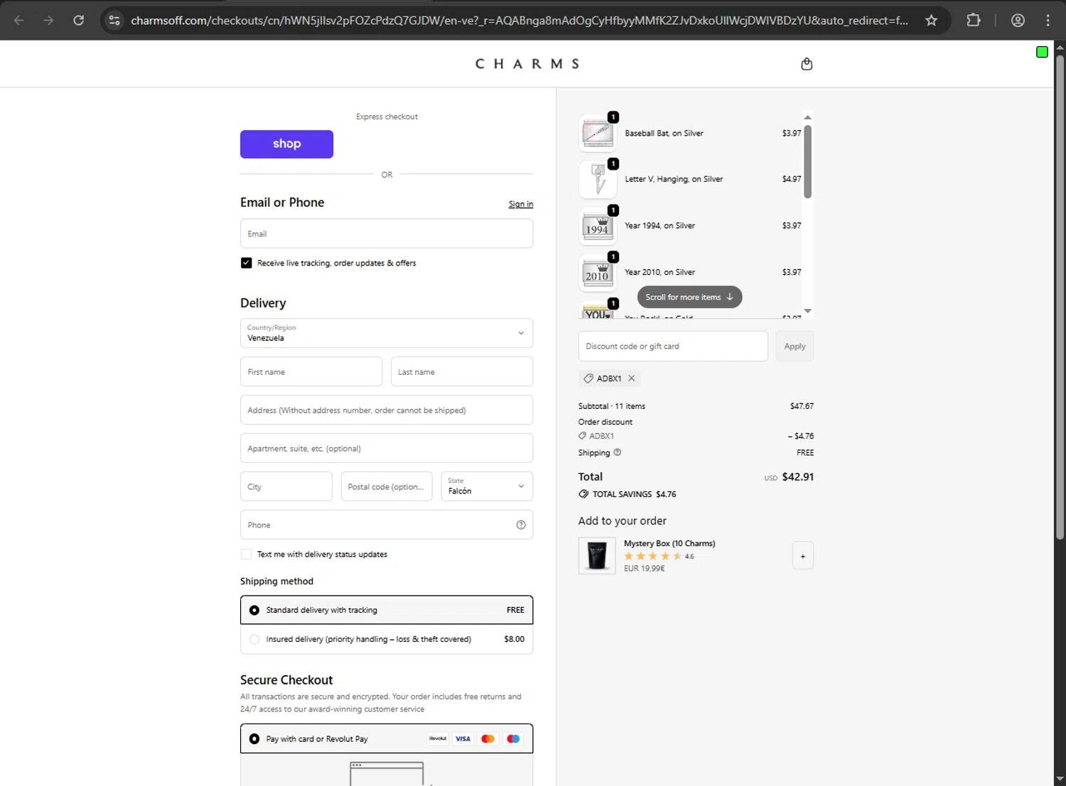 Charms discount code screenshot showing code ADBX1 applied at Charms checkout page. Uploaded by SimplyCodes community member Scrooge on Nov 26, 2025