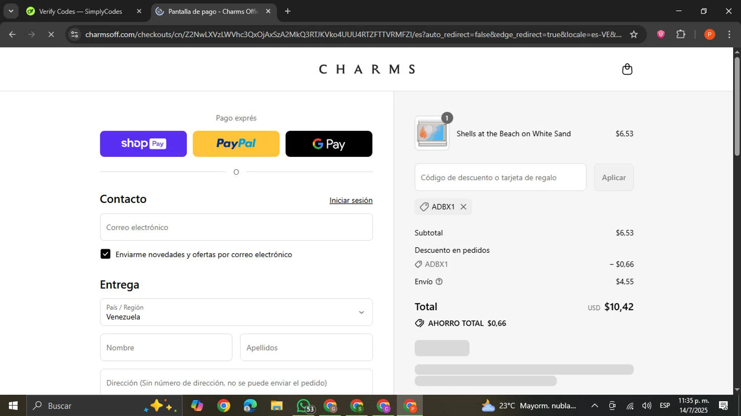 Charms discount code screenshot showing code ADBX1 applied at Charms checkout page. Uploaded by SimplyCodes community member VictoriousCaptain2658 on Jul 15, 2025