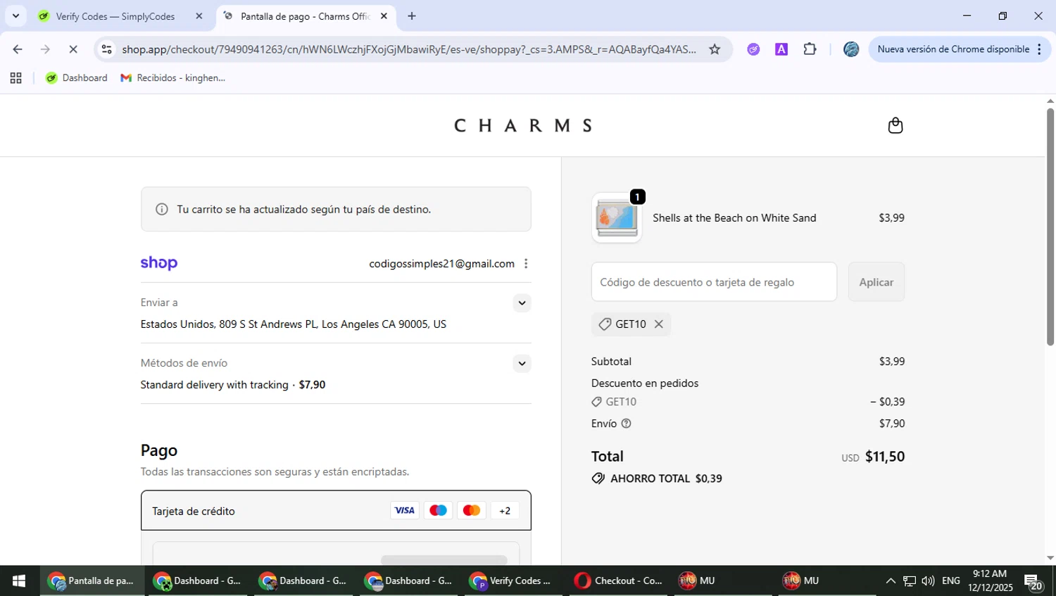 Charms discount code screenshot showing code GET10 applied at Charms checkout page. Uploaded by SimplyCodes community member PokeGOAT on Dec 12, 2025