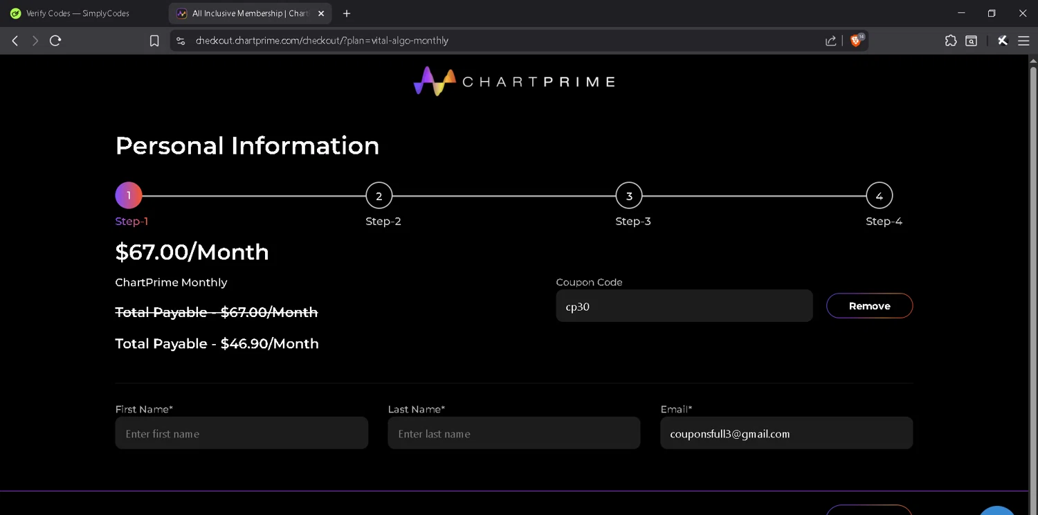 Chartprime promo code screenshot showing code cp30 applied at Chartprime checkout page. Uploaded by SimplyCodes community member MadaraUchiha07 on Sep 5, 2025