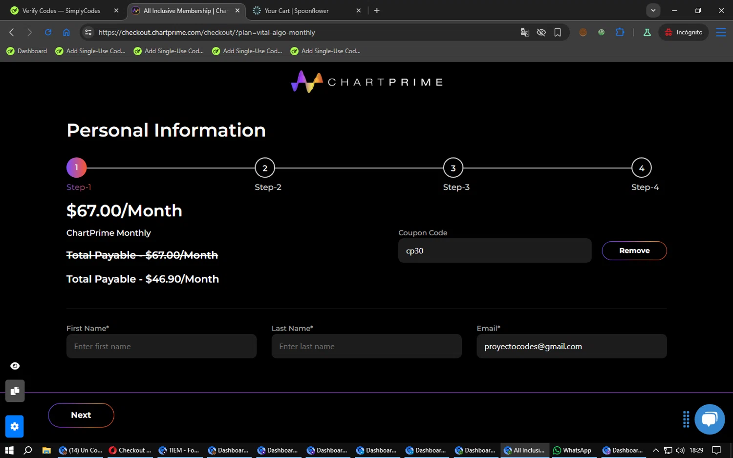 Chartprime promo code screenshot showing code cp30 applied at Chartprime checkout page. Uploaded by SimplyCodes community member FrugalPhoenix7857 on Mar 15, 2025