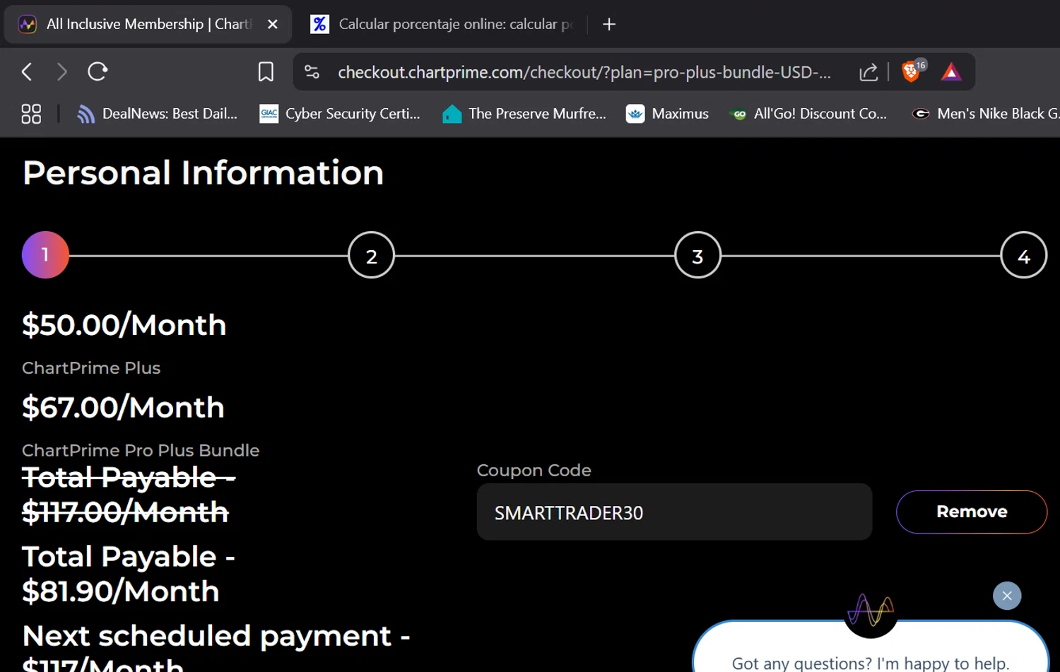 Chartprime promo code screenshot showing code SMARTTRADER30 applied at Chartprime checkout page. Uploaded by SimplyCodes community member Jeffersontorrealba on Jul 23, 2025