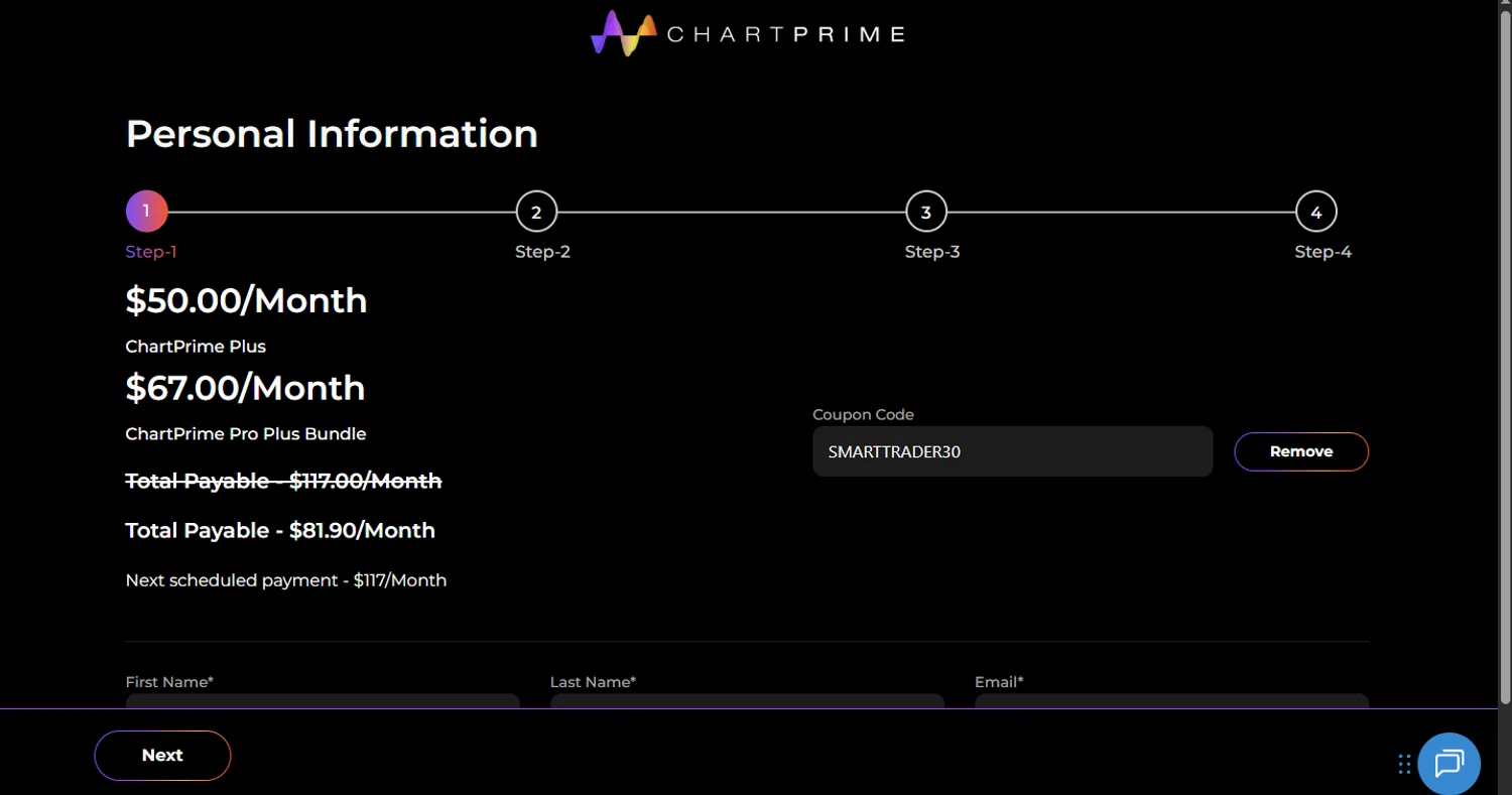 Chartprime promo code screenshot showing code SMARTTRADER30 applied at Chartprime checkout page. Uploaded by SimplyCodes community member WoskalJR on Sep 5, 2025