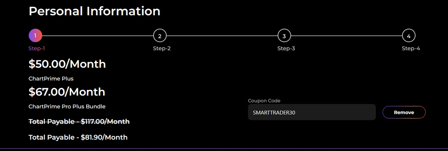 Chartprime promo code screenshot showing code SMARTTRADER30 applied at Chartprime checkout page. Uploaded by SimplyCodes community member BLUEBLASTOISE on May 22, 2025