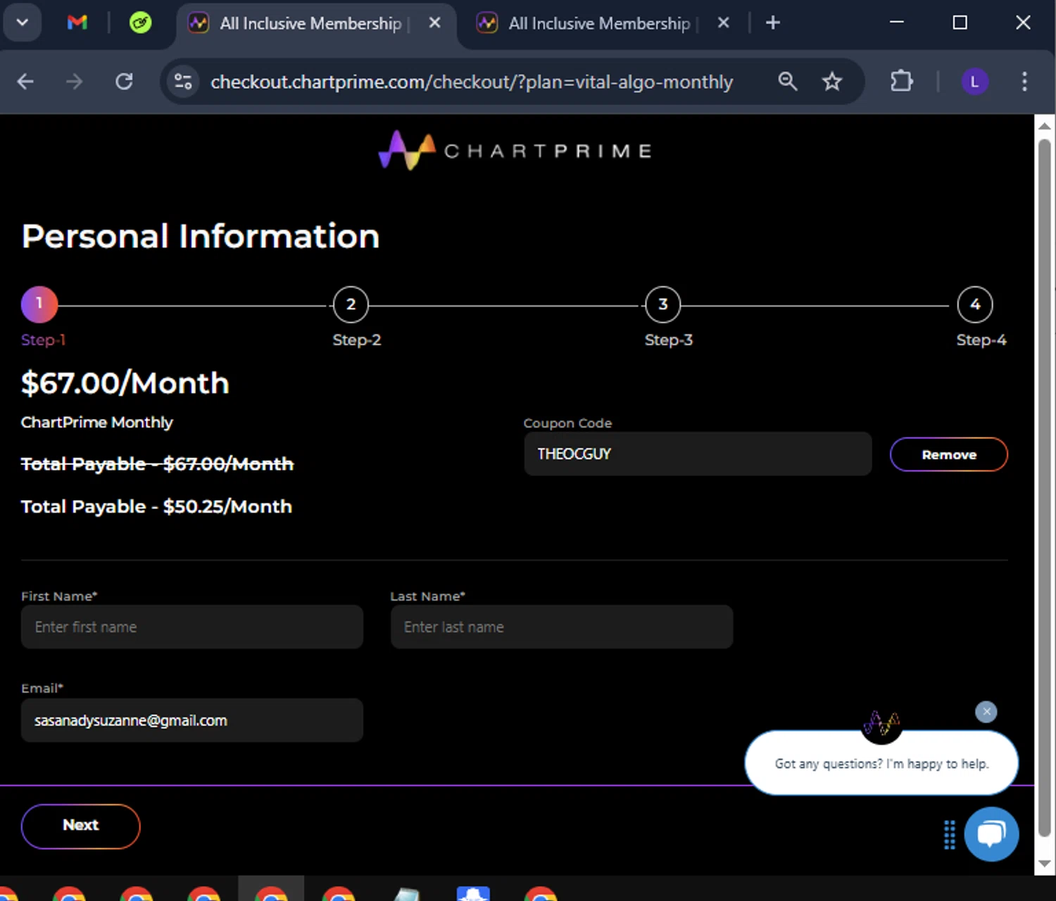 Chartprime promo code screenshot showing code THEOCGUY applied at Chartprime checkout page. Uploaded by SimplyCodes community member CoinElite8726 on Mar 15, 2025