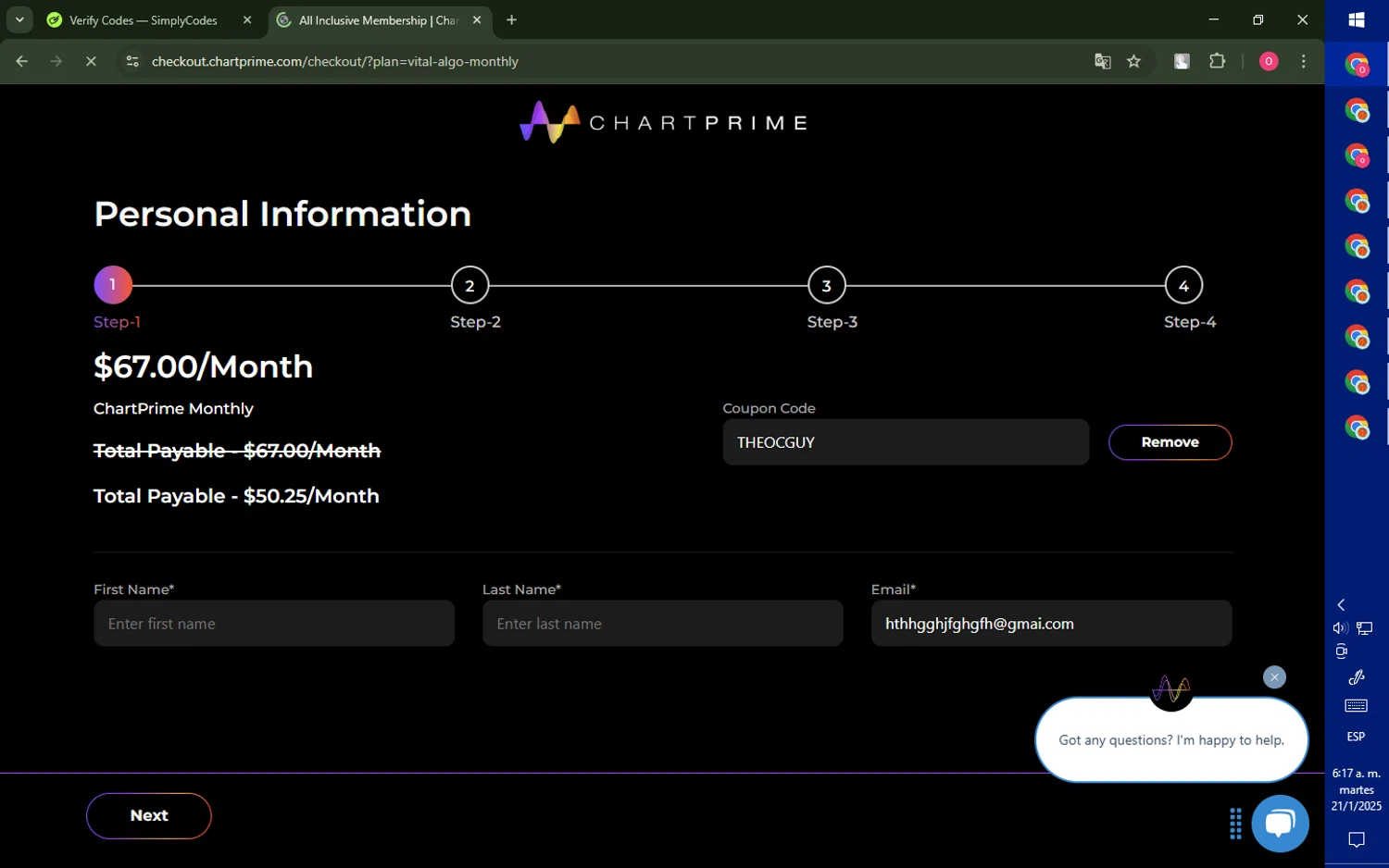 Chartprime promo code screenshot showing code THEOCGUY applied at Chartprime checkout page. Uploaded by SimplyCodes community member LegendaryRanger6350 on Jan 21, 2025