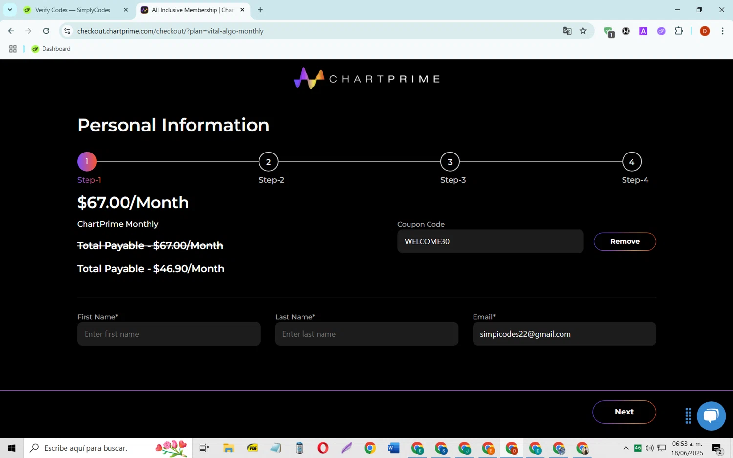Chartprime promo code screenshot showing code WELCOME30 applied at Chartprime checkout page. Uploaded by SimplyCodes community member SaleSaver3540 on Jun 18, 2025