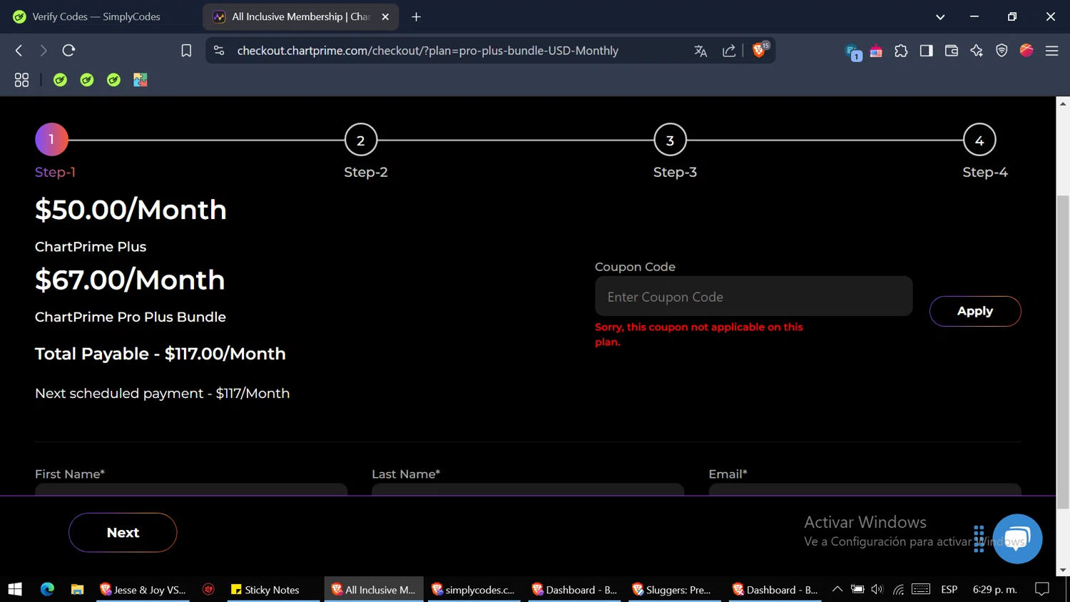 Chartprime promo code screenshot showing code WELCOME30 applied at Chartprime checkout page. Uploaded by SimplyCodes community member WiseMaven8415 on Mar 15, 2025