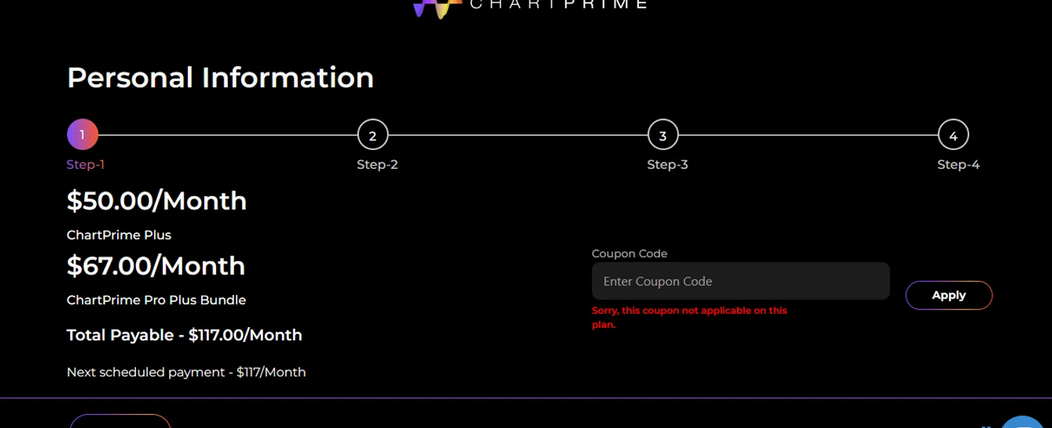 Chartprime promo code screenshot showing code WELCOME30 applied at Chartprime checkout page. Uploaded by SimplyCodes community member BLUEBLASTOISE on May 22, 2025